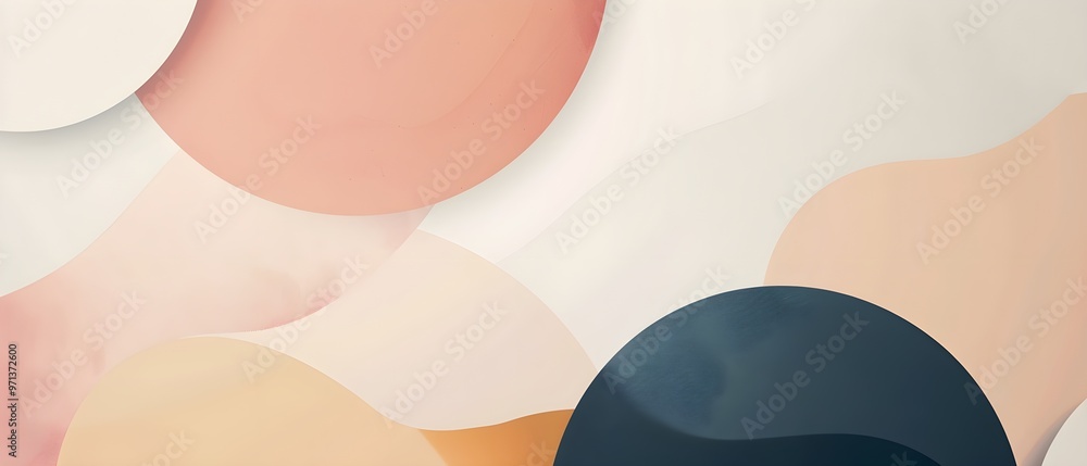 Poster a minimalist abstract design featuring overlapping soft pastel shapes in shades of pink, beige, and 