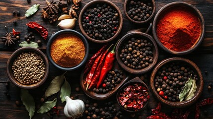 A variety of spices are displayed in bowls on a wooden table