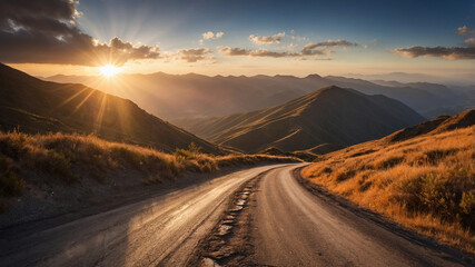 Naklejka premium Winding road through golden grass hills during sunset with scenic mountain views and dramatic sky.