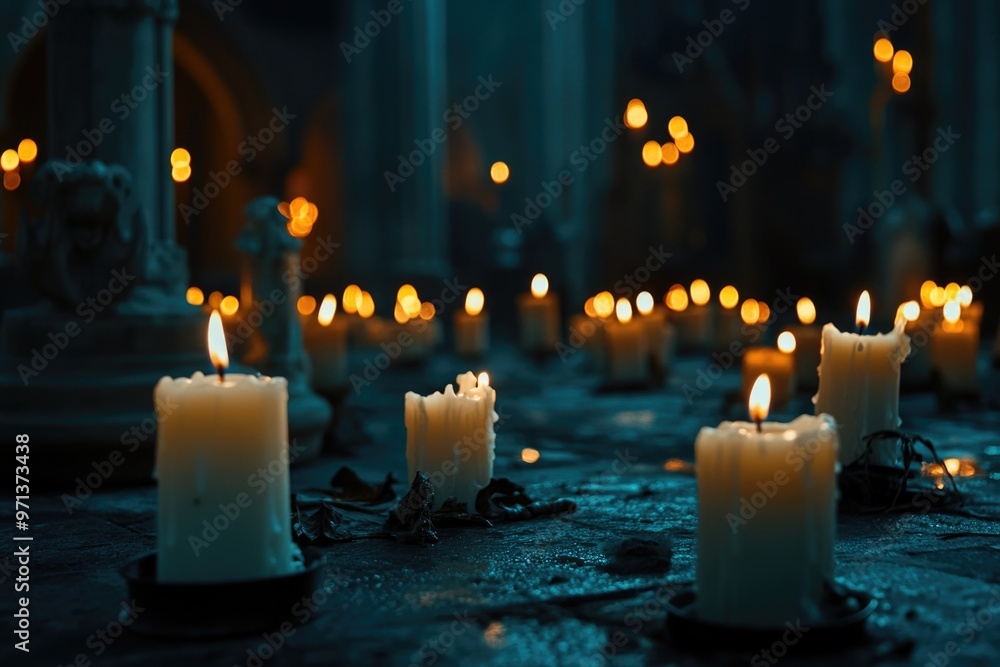 Poster a room with many candles lit in a dark room. the candles are lit in a way that they are not all lit 