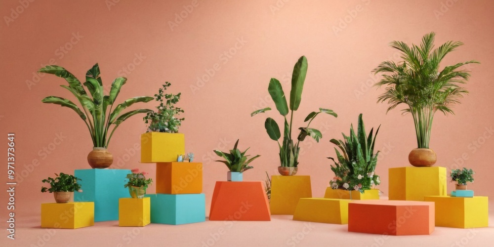 Wall mural Colorful Still Life with Plants and Geometric Platforms