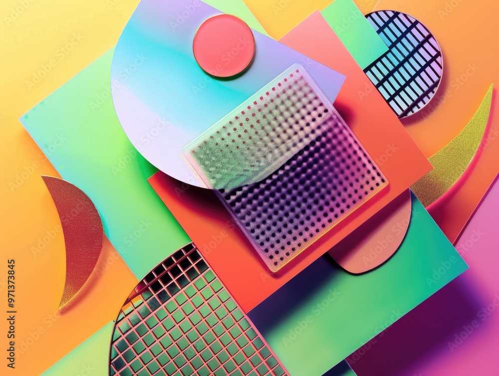 Aufkleber a colorful collage of shapes and squares with a metallic texture. the image is abstract and has a fu