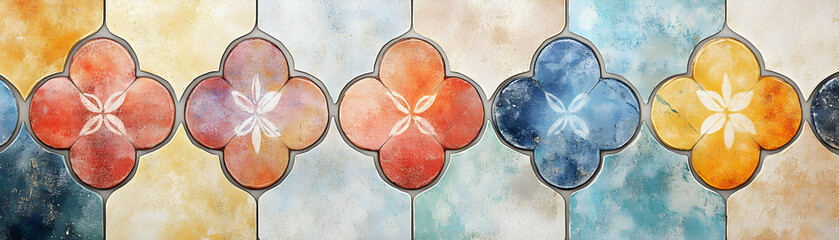 Seamless Watercolor Tile Background with Soft Rangoli Patterns & Eco-Friendly Symbols - Pastel Shades for Organic, Zero Waste Aesthetic