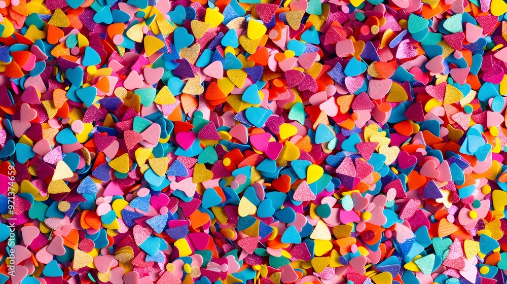 Poster a vibrant and playful confetti background featuring colorful hearts, triangles, and circles in brigh