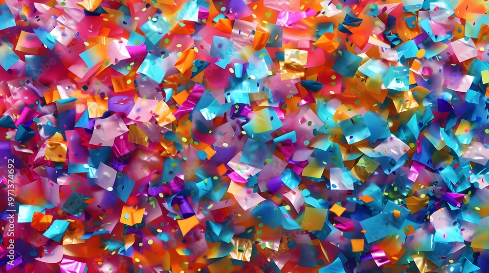 Poster a lively background featuring vibrant, multicolored confetti with metallic textures, creating a fest