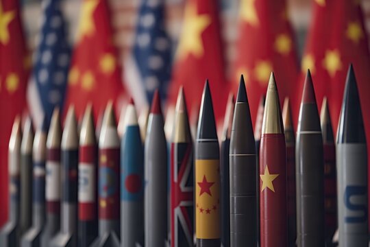 Display of nuclear missiles in front of USA and China flags during a military event emphasizing global tensions