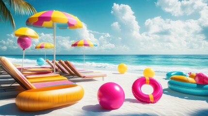 A beach scene with many umbrellas and colorful beach chairs