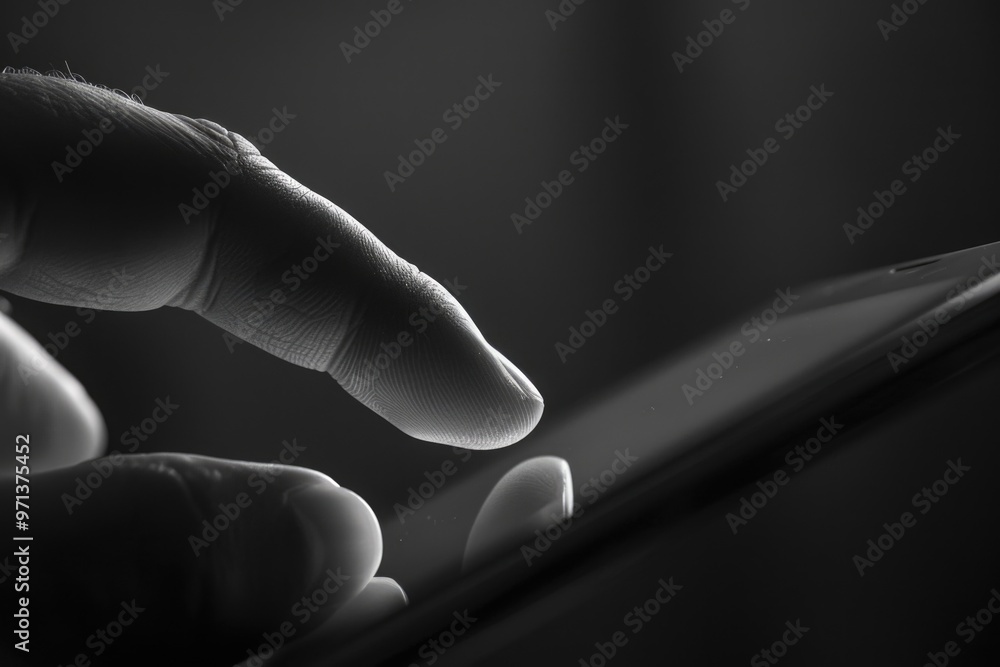 Poster a hand is touching a cell phone screen. concept of connection and communication, as the person is in