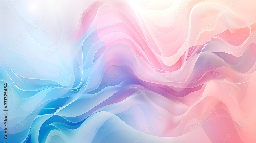 Poster abstract waves in soft pastel pink and blue tones create a flowing, fluid design with light gradient