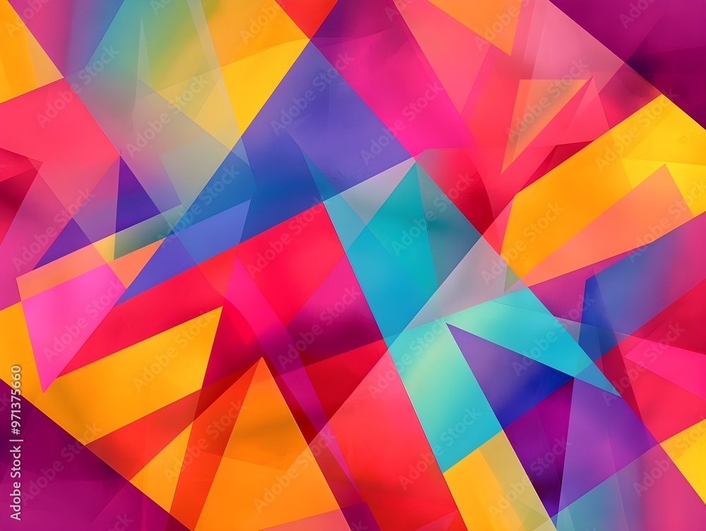 Poster A mesmerizing abstract artwork featuring overlapping, vibrant triangles in a kaleidoscopic pattern. The dynamic composition and intense hues create a captivating and visually stimulating experience.