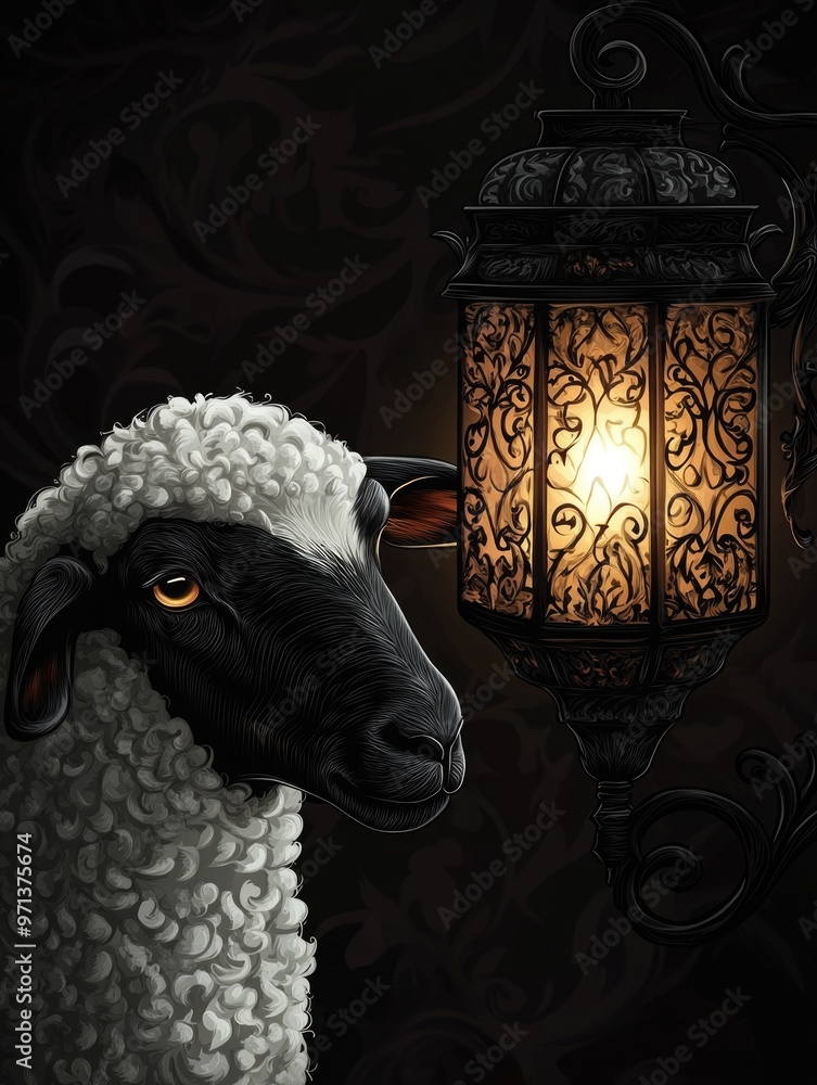 Poster a sheep is standing in front of a lamp. the lamp is lit up, and the sheep is looking at it. the imag