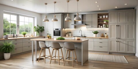 Fototapeta premium Light grey Scandinavian kitchen with island featuring modern design elements and sleek finishes