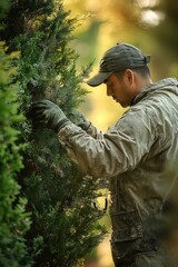 Naklejka premium A man is trimming a bush with a pair of gloves on. He is wearing a hat and a jacket