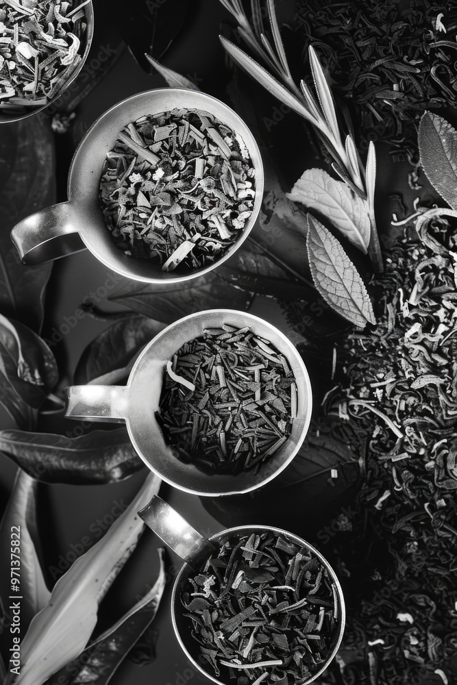 Poster four different types of tea are displayed in four different sized metal cups. the cups are arranged 