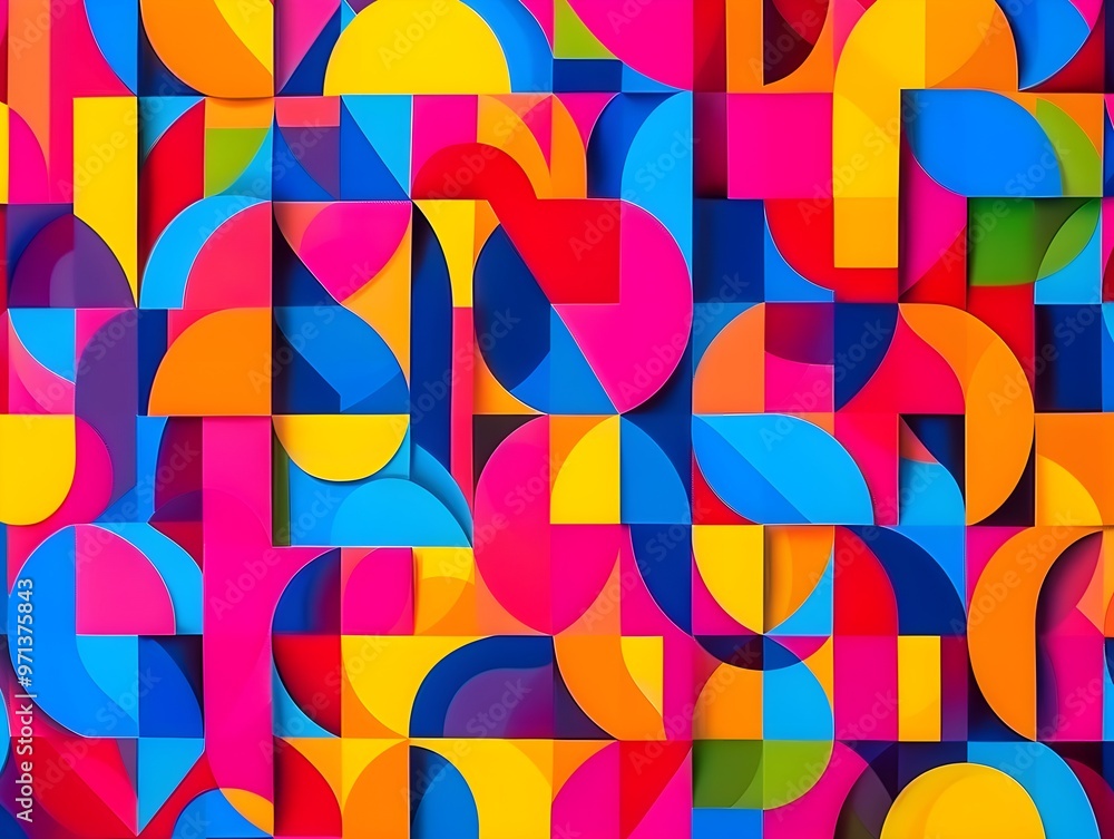 Poster a captivating abstract artwork featuring a patchwork of vibrant shapes, including squares, circles, 