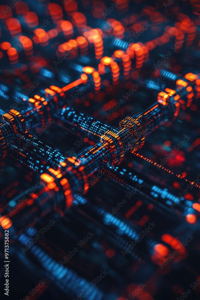 Poster a close up of a computer chip with a blue and orange background. the image is abstract and has a fut