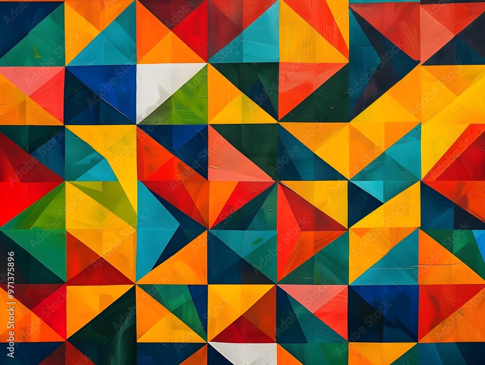 Poster A captivating abstract artwork featuring a patchwork of vibrant triangles in various colors and sizes. The intricate patterns and bold hues create a visually stimulating and energetic experience.
