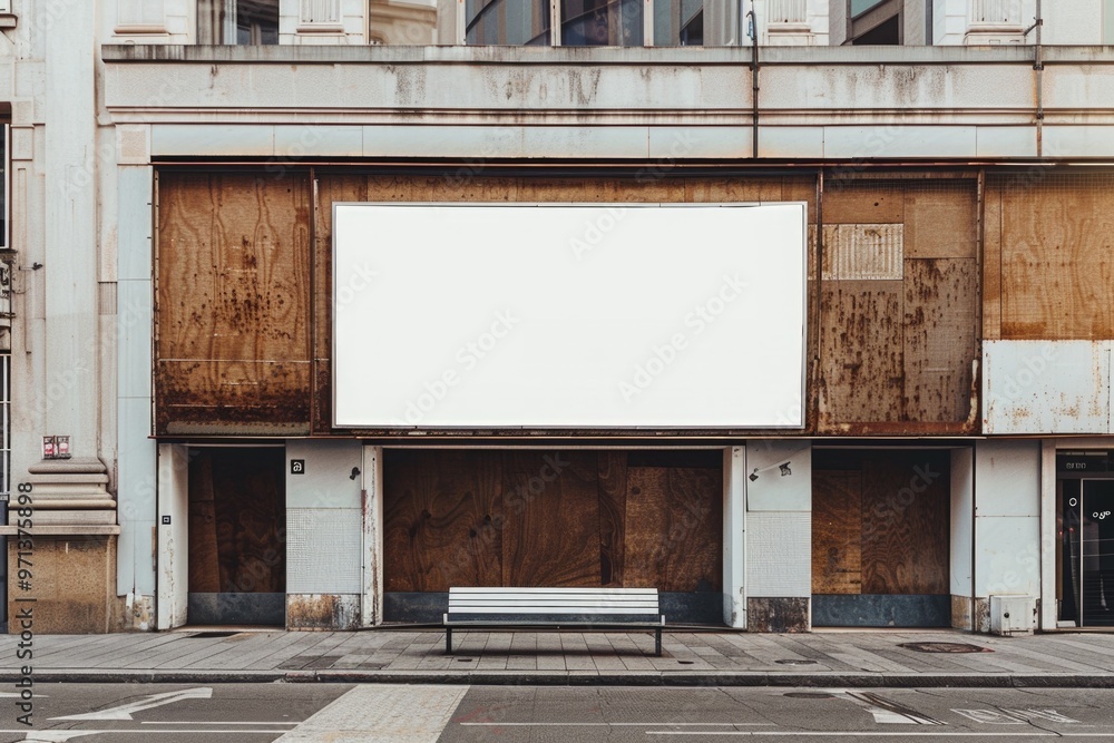 Poster a large white billboard sits in front of a building with a bench in front of it. the scene is quiet 