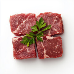 Obraz premium Juicy Raw Cube Steak with Fresh Parsley Garnish on White Background