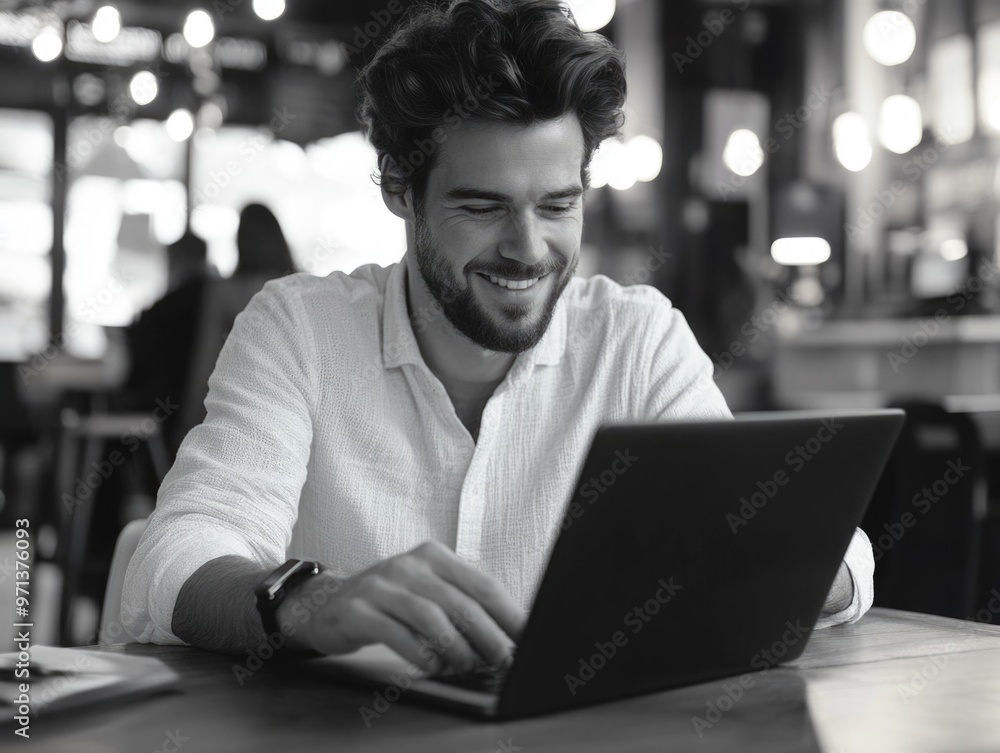 Aufkleber a man is sitting at a table with a laptop in front of him. he is smiling and he is enjoying himself