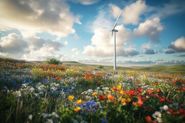 Wind turbine in a field of wildflowers, showing harmony between nature and technology