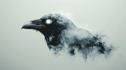 Raven's Ethereal Eye Reflection in Ghostly Mist
