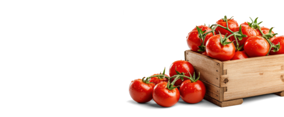 Fresh Tomatoes in Wooden Crate on Transparent Background