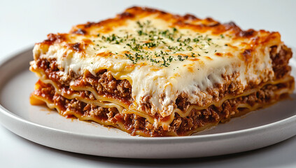 lasagna on a plate with a white background