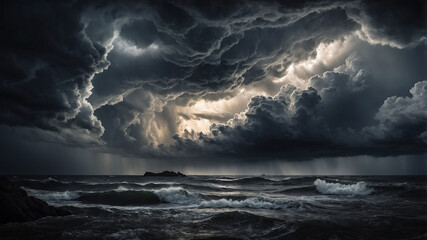 Obraz premium Dramatic ocean storm with dark clouds, waves crashing, and light breaking through, natures fury captured.
