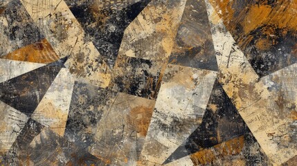 Fototapeta premium A painting with a lot of different shapes and colors. The shapes are all different sizes and angles, and the colors are mostly brown and black. The painting has a lot of texture