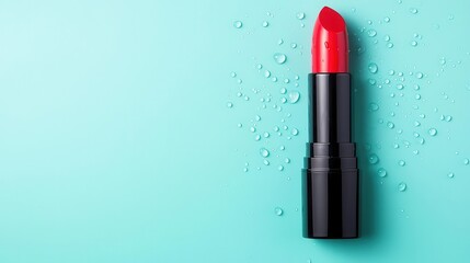 Fototapeta premium Single hydrating lipstick tube with water splashes on a pastel blue background, minimalist design, glossy finish, top view