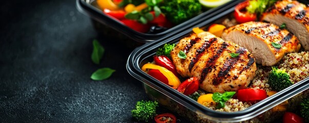 Meal prep containers with grilled chicken, quinoa, and vegetables, regimen, healthy diet