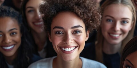 Fototapeta premium A group of women are smiling and posing for a photo. The woman in the center is the main focus of the image, and she is smiling brightly. The other women are also smiling, creating a happy