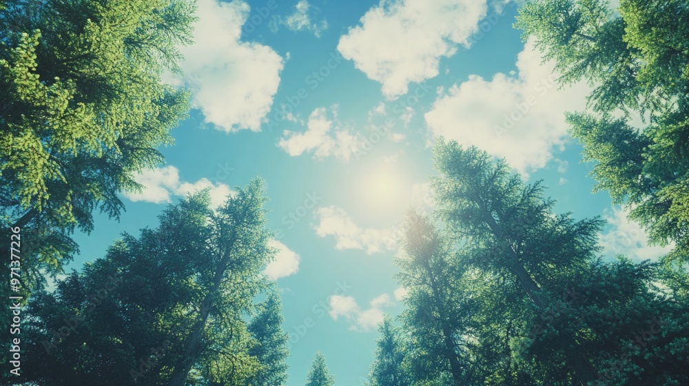 Poster a forest with trees and a clear blue sky. the sun is shining through the trees, creating a warm and 