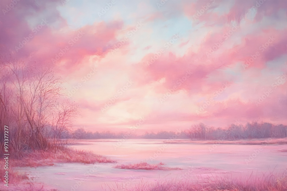 Sticker a painting of a pink sky over a frozen lake