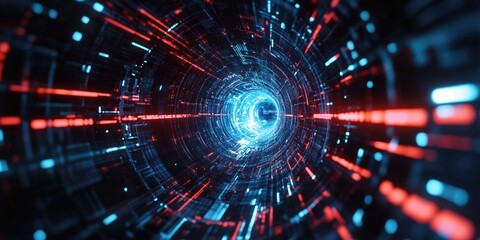 Obraz premium A computer generated image of a tunnel with red and blue lines. The tunnel is very long and has a lot of detail. The colors of the lines create a sense of depth and movement