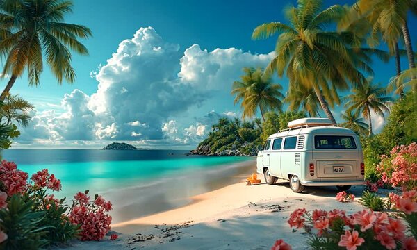 Tropical Beach Getaway with Vintage Camper Van