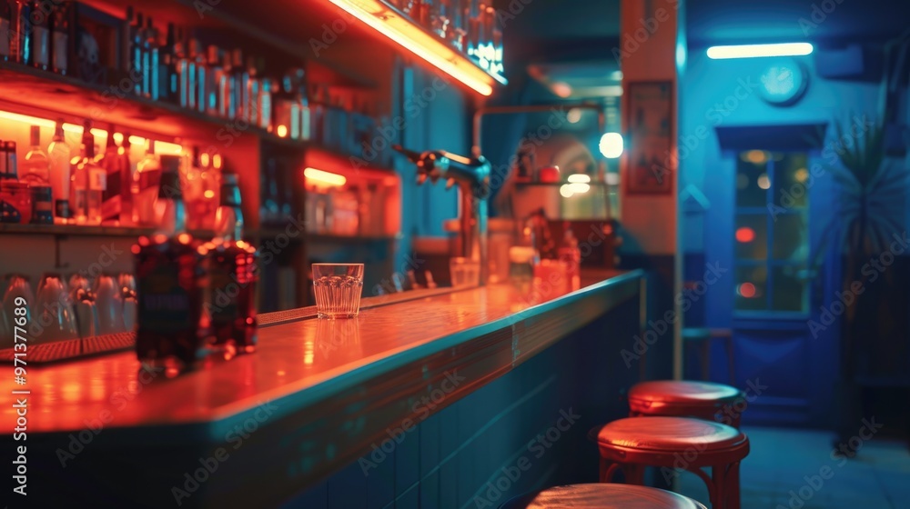 Poster a bar with a neon sign and a clock on the wall. the bar is dimly lit and has a red counter. there ar
