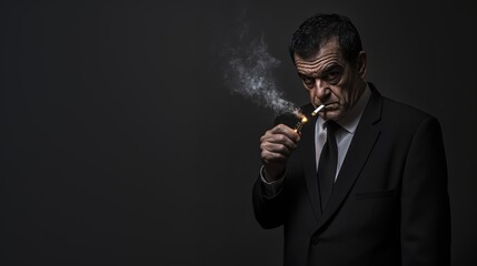 Serious man in black suit lighting cigarette in dark, moody backdrop. Dramatic photography. Generative ai