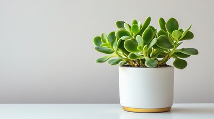 A simple jade plant in a white pot on a clean surface