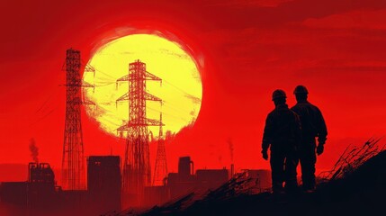 Two men are walking in a field with a large orange sun in the background