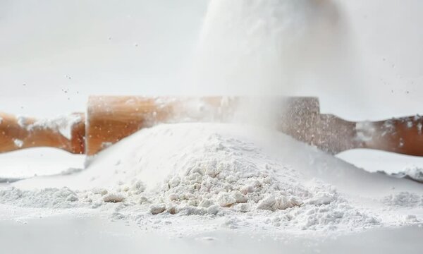 Wooden rolling pin with flour on white background, hyperrealistic Video