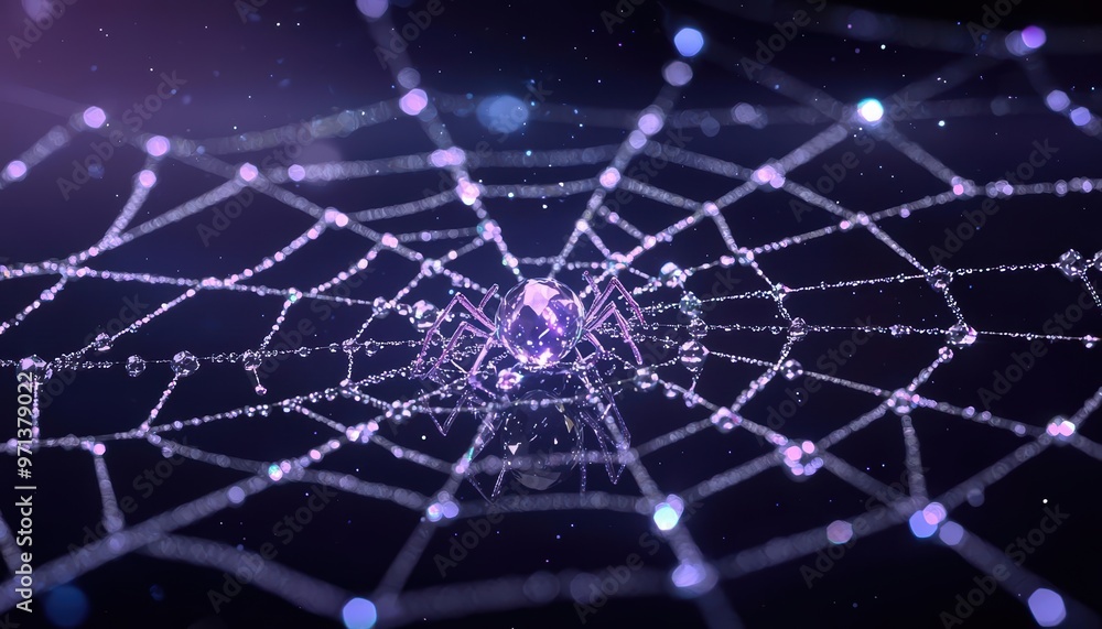 Poster a close-up view of a delicate spider web adorned with shimmering dew drops, capturing the beauty of 