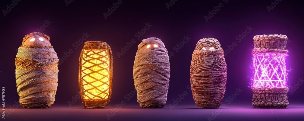Poster a collection of colorful, illuminated decorative objects with unique textures and designs, perfect f