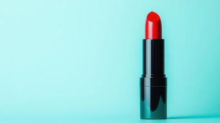 Obraz premium Glossy red lipstick standing upright with dewy surface, pastel blue background, hydrating concept, minimalist design