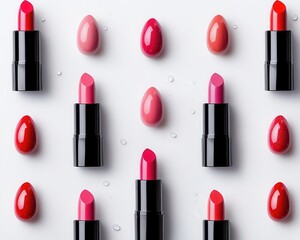 Obraz premium Lipsticks and fresh water droplets arranged symmetrically on a marble surface, clean and glossy, minimalist aesthetic, top view