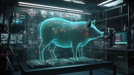 A large holographic pig displayed in a high-tech laboratory setting. The pig should appear as a three-dimensional, translucent projection with vibrant colors and detailed textures.