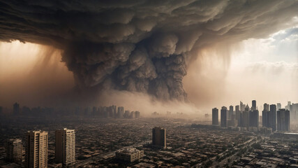 Massive dust storm envelops city skyline with dark, ominous clouds and thick plumes of dust.