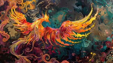 Majestic Phoenix Bird Rising from Fiery Flames in Digital Artwork