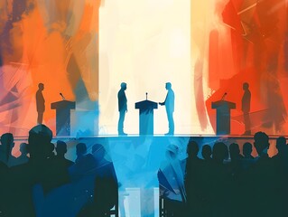 Major Political Debate on Stage with Candidates Addressing Audience